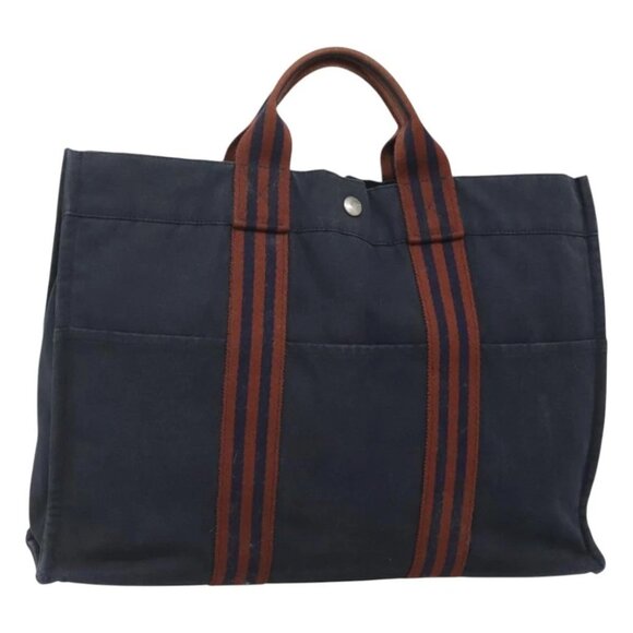 HERMES Fourre Tout GM Hand Bag Canvas Navy Silver Auth bs25688 - Picture 1 of 15